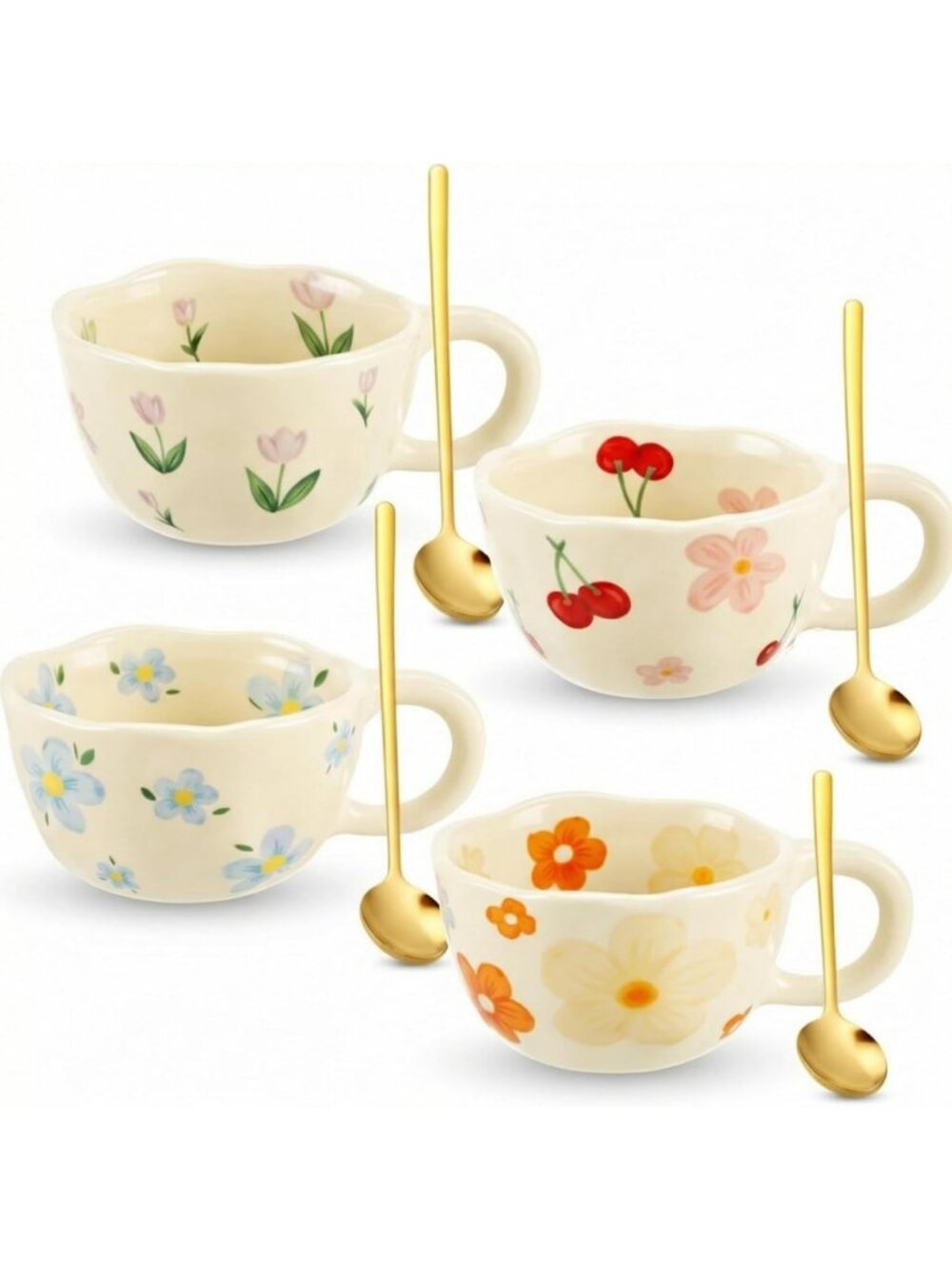 Cute Ceramic Flower Coffee Mugs Set of 4 with Spoons - 8.5 oz Tea Cups